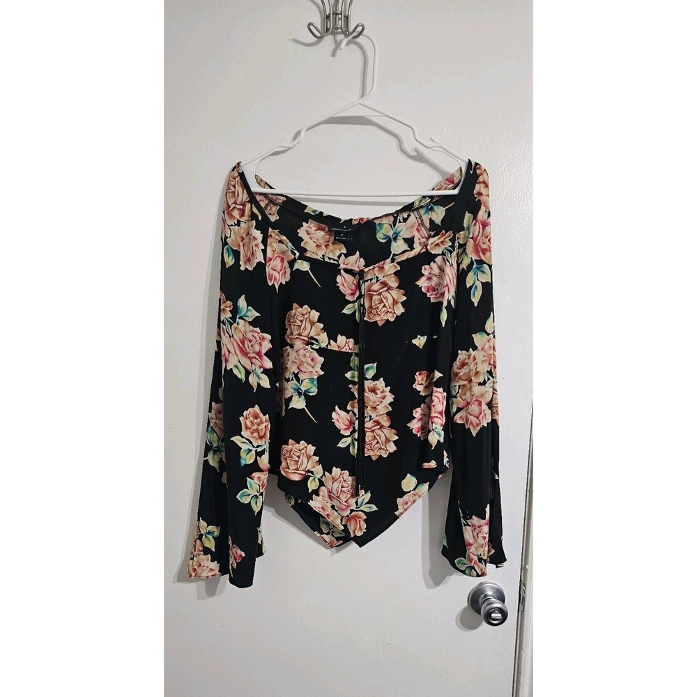 Moda International 100% Silk Floral Hankerchief Blouse Boho Y2K Flared Sleeves